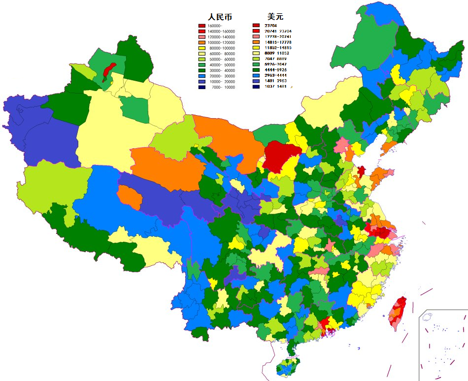 2017全国337城市人均gdp地图