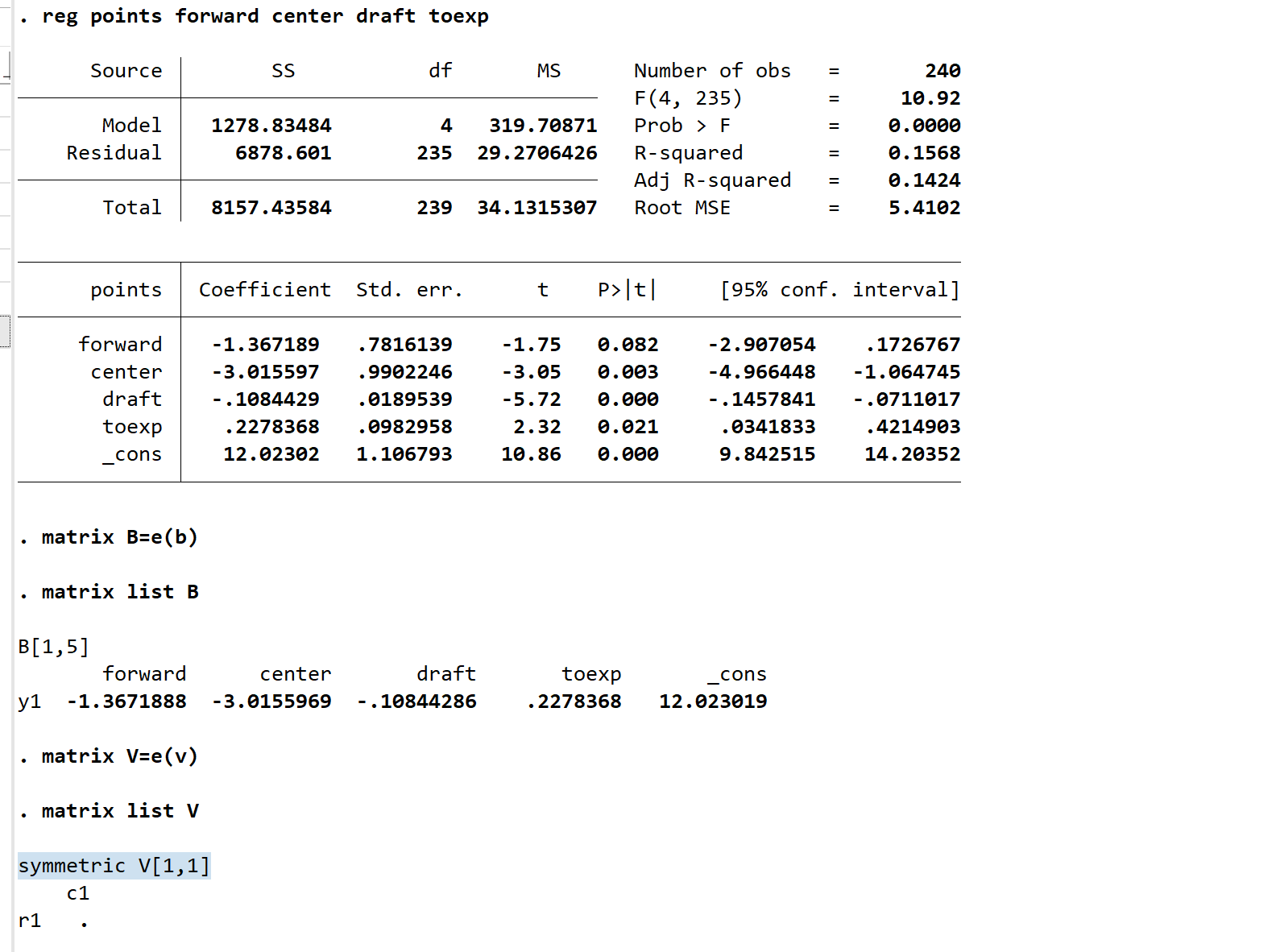 stata输入matrix list V 指令后只能得到一个1*1的矩阵是为什么？ - Stata专版 - 经管之家(原人大经济论坛)